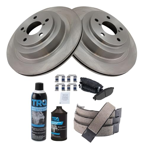 Image of TRQ Rear Brake Pad & Rotor Kit, with Chemical Kit Parking Brake Shoe Set Semi-Metallic Compatible with 2008-2009 Subaru Legacy