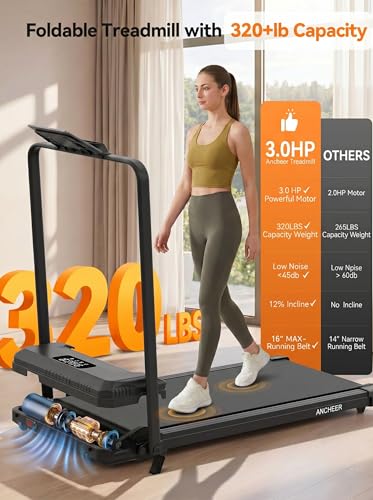Image of ANCHEER Treadmill with 12% /15% Incline, Folding Walking Pad with Handle Bar, 320-450lb Capacity Under Desk Foldable 3.5HP Treadmills for Home /Office /Gym,Installation-Free