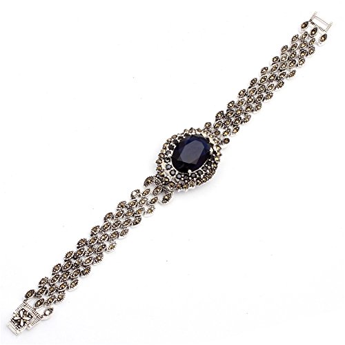 Fashion Jewelry Link Bracelet Tibetan Silver Marcasite Oval Faceted 25mmx30mmx7 Inches Semi Sapphire