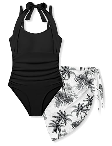 Image of Girls Swimsuit Set - Halter Neck One Piece Bathing Suit with Tropical Cover Up Skirt Swimwear for Kids 7-18Y