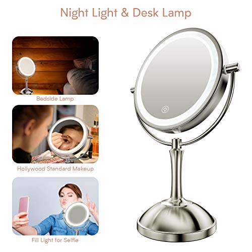 Benbilry 8" Lighted Makeup Mirror With 1X/10X Magnifying Led Light Mirrors 3 Color Dimmable Lights Double Sides Rechargeable Cordless Swivel Vanity Mirror With Lights And Magnification Nickel #TOP7