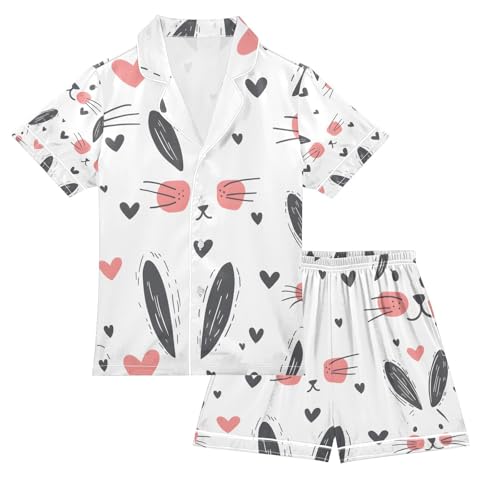 senya Rabbit Hand Drawn Satin Summer Pajama Sets Silk Short Sleeve Button Down Sleepwear