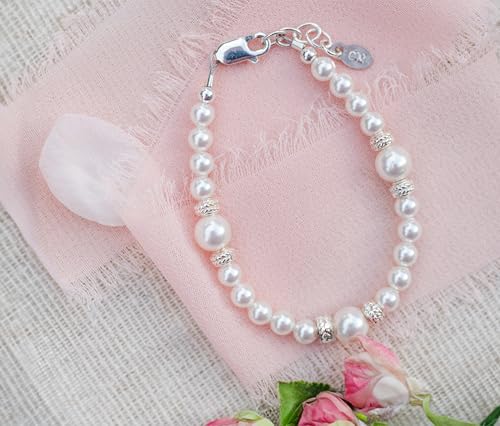 Cherished Moments Children's or Baby Sterling Silver Flower Girl Bracelet with High-End Simulated Austrian Pearls for Girls3