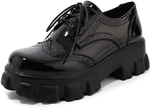 KOKOMOMO Womens Wingtip Patent Leather Oxfords Vintage Chunky Heels Lace Up Pumps,Size 8.5 Black