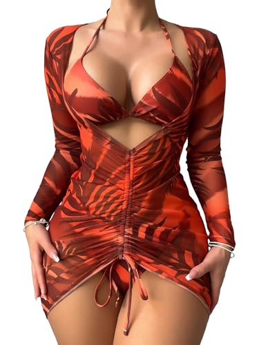 WDIRARA Women's 3 Piece Swimsuits Tropical Print Triangle Halter Bikini Set Bathing Suit with Drawstring Cover Up