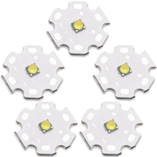 LEDGUHON 5Pcs 3W 6500K White 3535 SMD High Power LED Chip with Aluminum Plate 20mm Star PCB Base Heat Sink for Led Chip and Floodlight Replacement(60deg,White 6000K-8000K,DC 2.8-3.0V,700mA)