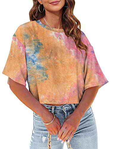 Tankaneo Womens Half Sleeve Tie Dye Cropped T-Shirts Drop Shoulder O-Neck Crop Tops Summer Casual Basic Print Tees