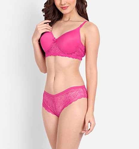 Image of FIMS - Fashion is my style Women Cotton Floral Lace Padded, Non-Wired, Full Coverage, Seamless Bra Panty Set, Multicolor, Lingerie Set