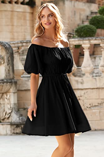 Prettygarden Women's Off The Shoulder Babydoll Dress Short Puff Sleeve Casual A Line Ruffle Summer Dresses (Solid Black,Small) #TOP6