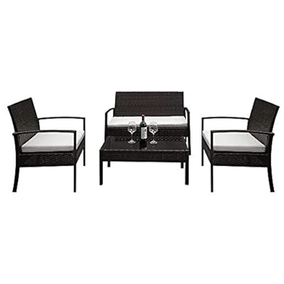 VINGLI 4 Pieces Wicker Outdoor Patio Furniture Set, Rattan Patio Conversation Set with Cushions and Wood Coffee Tabletop, Outdoor Sectional Sofa Set for Garden, Backyard, Poolside