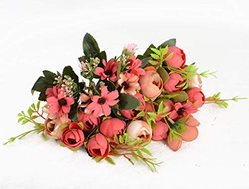 Kunstbloemen Nep Bloemen Zijde Roos Boeketten Decoratie met Keramiek Vaas voor Tafel Thuiskantoor Bruiloft (Red Bud) - Afbeelding 6