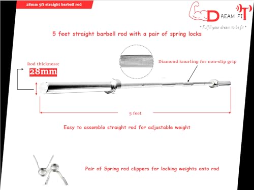 Image of DREAM FIT Premium Solid Chrome Plated 5 feet Straight Rod (28mm thick) with pair of spring locks - barbell bar for home gym (5ft straight rod)