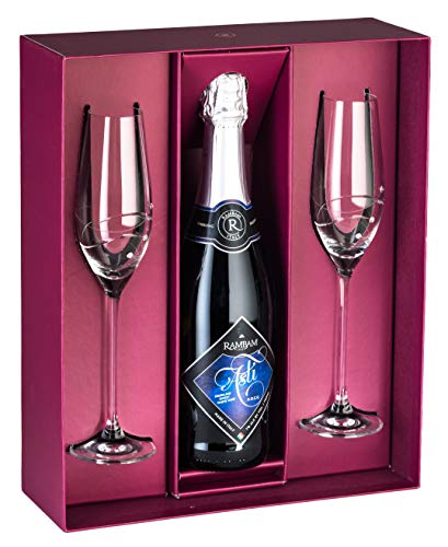 Barski - Handmade Glass - Set of 2 Champagne Flutes with Empty Space in the Center to Fit Your Own Bottle of Wine - Glasses Are Decorated with Real Swarovski Diamonds - Gift Boxed - Made in Europe