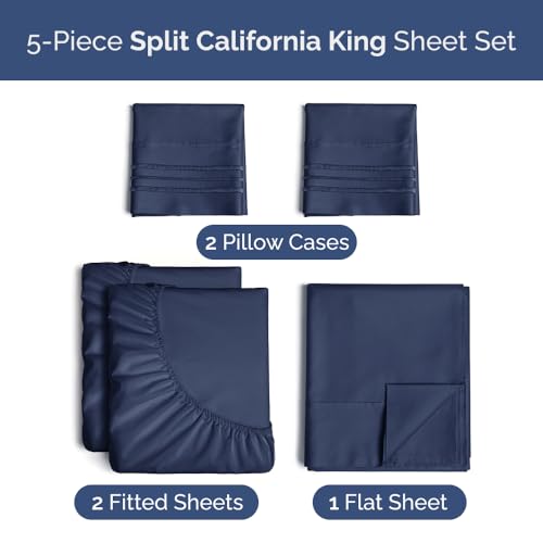Image of Split Cal King Bed Sheet Set - 5 Piece Split Cal King Sheets - Navy Blue | Ultra-Soft, Breathable & Cooling - Comfy, Wrinkle & Fade Resistant - Fits 8 inch to 16 inch Inch Mattress with Deep Pockets