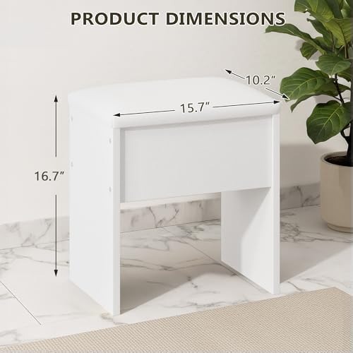 LIVELYGLOW Small Makeup Vanity Stool,15.7" W x 10.2" D x 16.7" H,White(Easy Assembly,PU Cushion Mat, Footstool) - 3