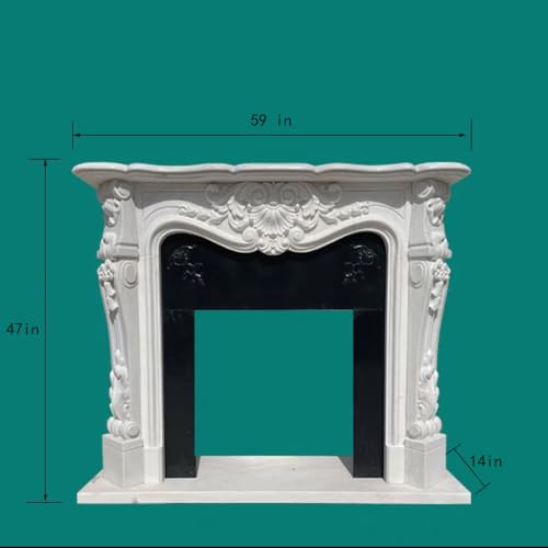 Image of Villa Marble Fireplace Mantel Surround Kit - 59 inch x 47 inch with Shelf and Trim, Natural Stone, Carved Living Room Design