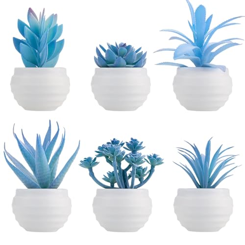 GREENTIME 6 Pcs Blue Artificial Succulent Plants in Mini White