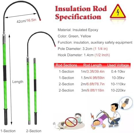 High Voltage Detachable Hook with Pole 1-4 Pack, Emergency Electric Safety Splicing Rod, Life-Saving Insulated Tool, 10ft/6ft/5ft/3ft Length Options (1 Pack, 3.3ft/1m - 10kV)