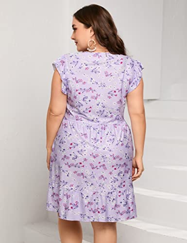 Image of ShopWonder Womens Plus Size Casual V Neck Dress Loose Swing Ruffle Summer Boho Midi Dress with Pockets Light Purple Printing 4XL