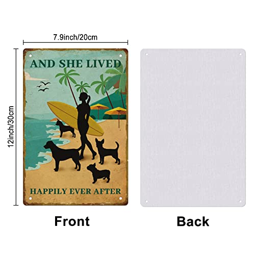 SUPERDANT Surfing Girl Metal Signs Girl Dog Tin Signs Beach Funny Signs and Plaques Vintage Metal Tin Signs She Lived Happily Metal Wall Art Painting for Bar Girls Room Man Cave Bathroom - Image 2