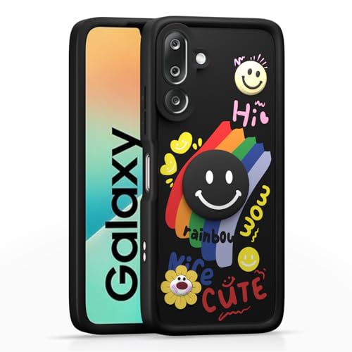 Image of Pikkme Back Cover for Samsung Galaxy M36 5G | Soft Silicone| Cute Rainbow Smile & 3D Cartoon Flower Design | Shockproof Raised Camera Protection Bumper Case (Black)