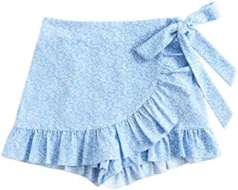 MakeMeChic Women's Boho Floral Print Elastic Waist Ruffle Wrap Tie Skorts Skirt Shorts Blue M