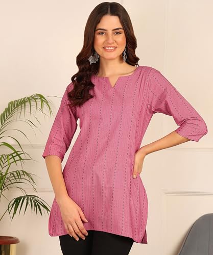 Image of DSK Studio Women's Cotton Short Kurti with Notch Neck Line 3 /4th Sleeves Abstract Pattern Short Length and Regular Fit