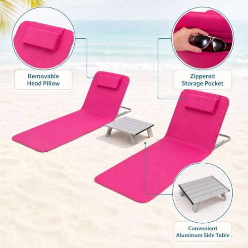 Image of GIANTEX 2 Pack Folding Beach Chairs with Side Table, Pink | Folding Lounge Chairs w /5 Position Adjustable, Patio Chaise Lounge Lightweight Backpack Camping Chairs for Outdoor Sunbathing