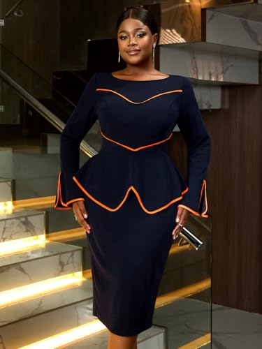 AOMEI Women's Navy Colorblock Boat Neck Long Flared Sleeve Peplum Bodycon Midi Business Dress2
