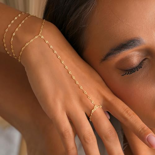 CHESKY Gold Hand Chain Bracelets for Women Set - Dainty 14K Gold Plated Lips Finger Ring Bracelet Stack Adjustable Hand Chains Durable Gold Bracelets Trendy Simple Body Jewelry Gift for Women2