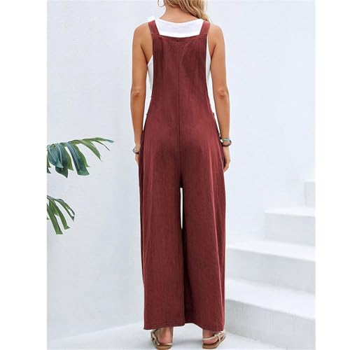Image of Kubbon Womens Wide Leg Jumpsuits Sleeveless Straps Bib Overalls Summer Baggy Casual Pants Rompers Overalls with Pockets