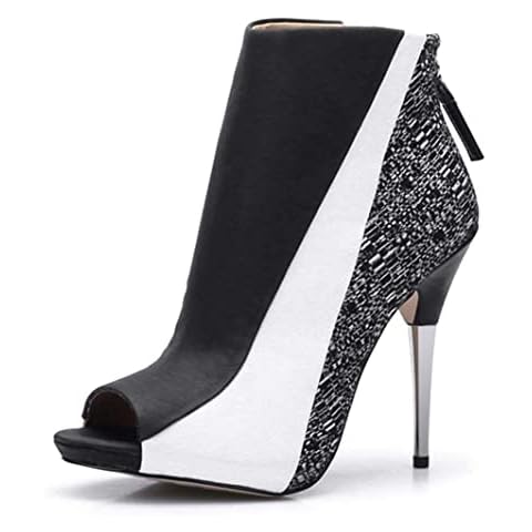 CAMSSOO Womens Boots Ankle Open Toe Booties for Women Black White Stiletto Zipper Sexy Fashion Stiletto Boots High Heel Ankle Boots Size 10.5 Cover