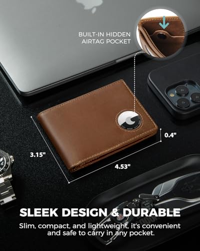 LORZOR AirTag Wallet - Bifold Full Grain Leather Mens Air Tag Wallet with AirTag Holder, RFID Blocking Minimalist Wallet for Men for Apple Air Tag, up to 11 Cards Gifts for Men2