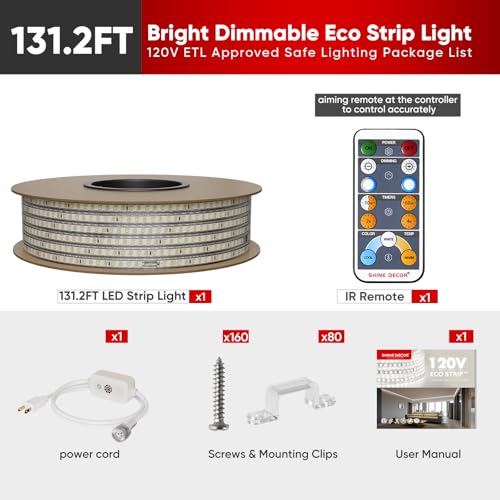 Image of Shine Decor LED Strip Light Connectable, CCT 2800-6000K Warm-Cool Changing Tone for Room, 131FT 120V Plug-in Outdoor Rope Lighting Cold Resistant Waterproof ETL Listed, Remote Timer Available