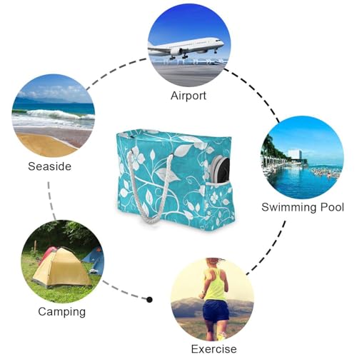 Flowers Blue Weekender Bag Women Waterproof Sandproof with side pockets Large Tote For Women for Pool Gym Grocery Travel4