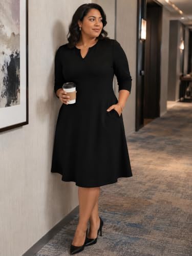 Image of PinkPatty Women's Casual 3 /4 Sleeve Midi Dresses Fit and Flare Church Work Dress with Pockets