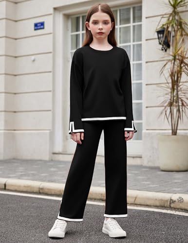 Image of Arshiner Girl's 2 Piece Outfits Long Sleeve Knit Pullover Sweater Tops Wide Leg Pants Casual Fall Sets Tracksuits