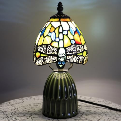 Tiffany-Style Stained Glass Mushroom Table Lamp 12.5in (Green Dragonfly)