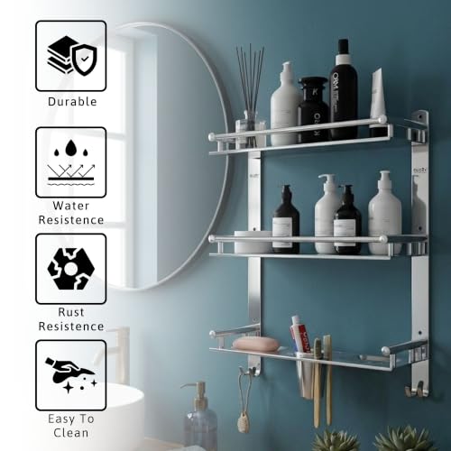 Image of GLOXY Premium 3 Layer Bathroom Shelves Rack - Wall Mount Chrome Finish Stainless Steel Bathroom Shelf with Soap Dish, Toothbrush Holder & Multipurpose Hooks - 4in1 Bathroom Fittings Accessories Set