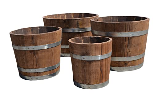 Temesso Blumentopf, Blumenkübel aus Kastanien-Holz - Fass, Holzfass als Pflanzkübel - Bottich, Holzkübel palisanderfarben mit Schlaufen (D50 H40cm palisander + Schlaufen)