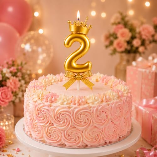 Image of Unscented Number Candles with Crown 3 inch for Birthday Parties, Wedding, Engagement, Celebrations, Theme Party, Bridal Shower, Bachelors Decoration, Gold (Numerical No 2)