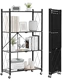 ALANNG Heavy Duty 4-Tier Folding Shelf with Wheels, No Tools Assembly Metal Storage Rack Cart, 264LBS Capacity for Kitchen, Pantry, Laundry Room, Garage, (Black, 1PACK)