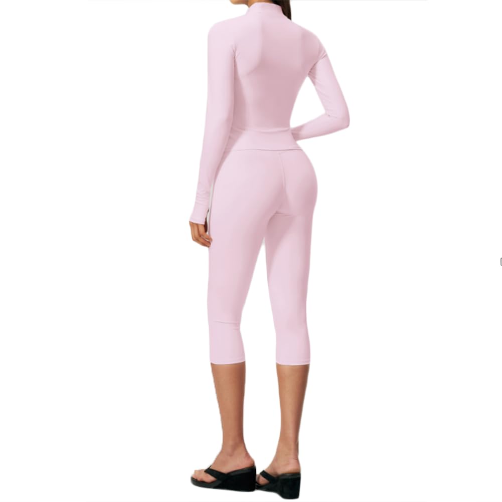 3 pezzi giacca collo alto con zip, reggiseno sportivo e leggings capri | Completo yoga 3 pezzi giacca collo alto con zip e fori per pollici, reggiseno sportivo e leggings capri, tessuto stretch