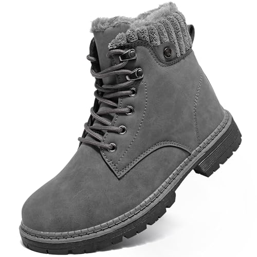 VTASQ Walking Boots Womens Winter Ankle Waterproof Fur Lined Leather Walking Lace Up Zipper Lightweight Outdoor Ladies Warm Shoes Non Slip Mid Calfs Grey-1 5.5UK