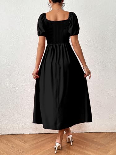 Image of Aahwan Black Raffinea Puff Sleeve High Slit Maxi Outfit Dress for Women's & Girl's