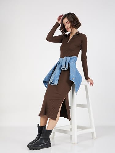 Image of Sassafras Women Bottle Rib High Neck Front Zipper Bodycon Midi Dress