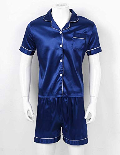 iiniim Men's Short Sleeve Satin Pajama Set with Shorts Classic Sleepwear Loungewear Navy Blue XX-Large2