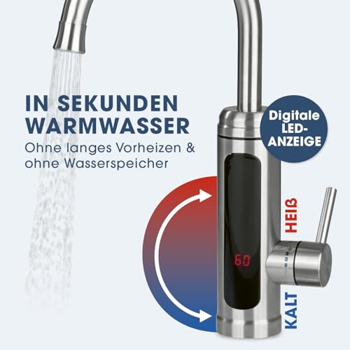 MAXXMEE Elektrische Edelstahl Armatur plus integrierter Durchlauferhitzer | Wasserhahn mit Heizspirale & LED Temperaturanzeige | 2 wechselbare Wasserhähne | über 60 °C warmes Wasser ohne Vorheizen