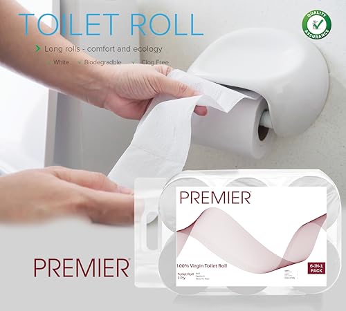 Image of Premier 3 Ply Toilet Tissue Roll (3600 Pulls) | 300 Pulls x 12 Rolls | Biodegradable, Clog Free, Flushable, Easy to Tear | Extra Absorbent Toilet Paper Roll for Home, Office, Bathroom Tissue