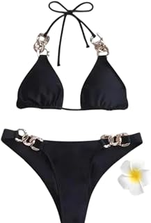 Women's Luxury Bikini Set with Gold Chain Detail, Halter Triangle Swimsuit for Honeymoon, Beach, or Romantic Getaway Price In India